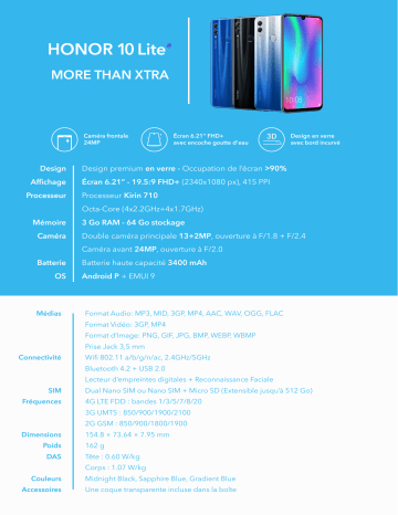 Product information | Honor 10 Lite Midnight Black Smartphone Product fiche | Fixfr