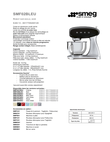 Product information | Smeg SMF02BLEU Noir Robot pâtissier Product fiche | Fixfr
