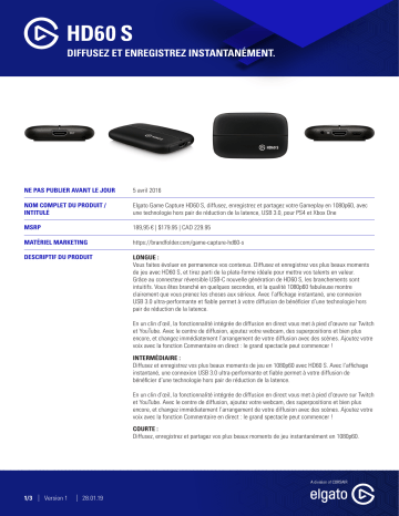 Product information | Elgato Game Capture HD60S Enregistreur Jeu Vidéo Product fiche | Fixfr