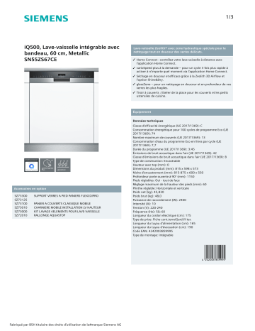 Product information | Siemens SN55ZS67CE IQ500 Lave vaisselle Product fiche | Fixfr