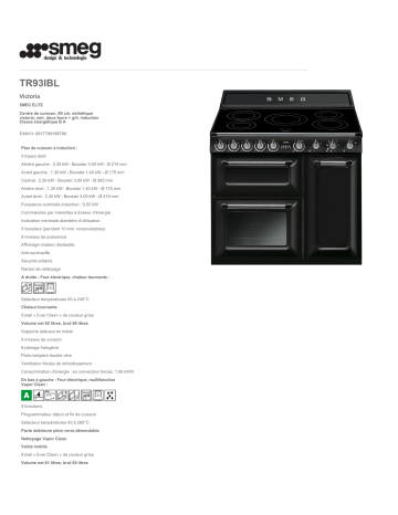 Product information | Smeg TR 93 IBL Piano de cuisson induction Product fiche | Fixfr