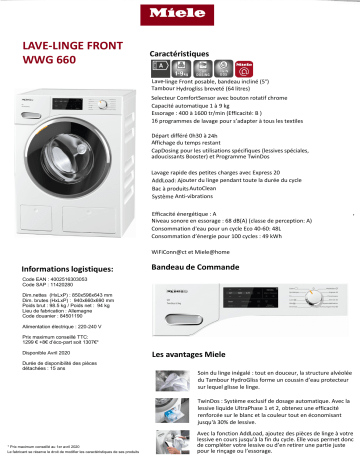 Product information | Miele WWG 660 Lave linge hublot Product fiche | Fixfr