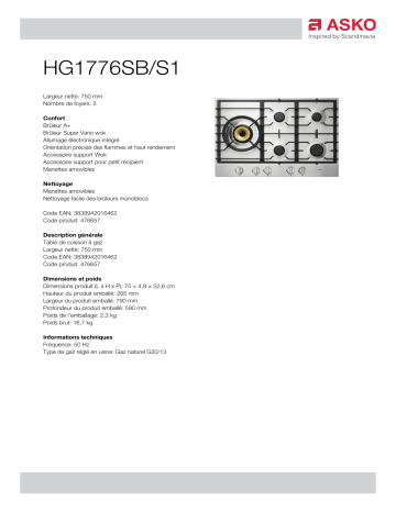 Product information | Asko HG1776SB Table gaz Product fiche | Fixfr