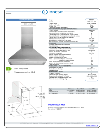 Product information | Indesit IHPC6.5LMX Hotte décorative murale Product fiche | Fixfr