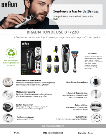 Product information | Braun BT7220 Tondeuse barbe et cheveux Product fiche | Fixfr