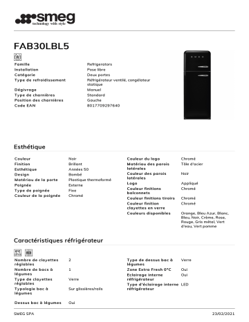 Product information | Smeg FAB30LBL5 Réfrigérateur combiné Product fiche | Fixfr