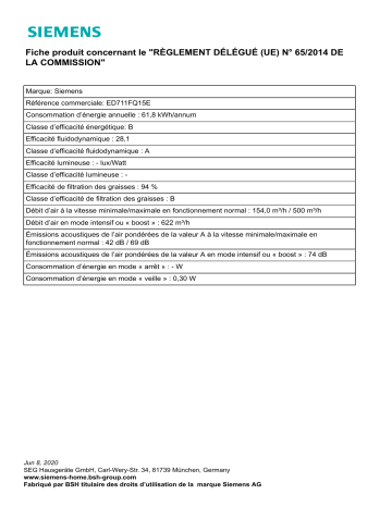 Product information | Siemens ED711FQ15E IQ500 Table induction aspirante Product fiche | Fixfr