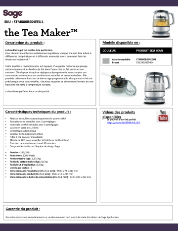 Product information | Sage Appliances Tea Maker Théière Product fiche | Fixfr