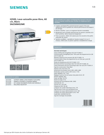 Product information | Siemens SN258W02ME IQ500 Lave vaisselle 60 cm Product fiche | Fixfr