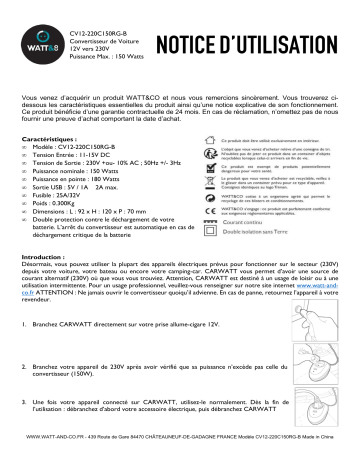 Manuel du propriétaire | Watt And Co CARWATT - Blanc/Gris Convertisseur Owner's Manual | Fixfr