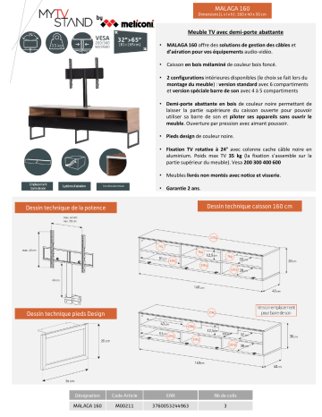 Product information | Meliconi Malaga 160 cm bois Meuble TV Product fiche | Fixfr