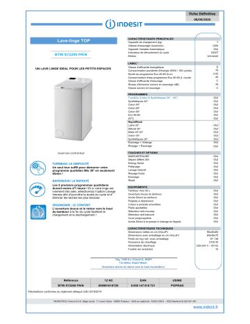 Product information | Indesit BTWS72200FR/N Lave linge top Product fiche | Fixfr