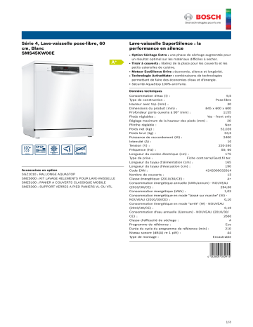 Product information | Bosch SMS45KW00E SERIE 4 Lave vaisselle 60 cm Product fiche | Fixfr