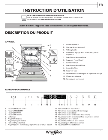 Manuel du propriétaire | Whirlpool WIS9040PEL 6ème SENS Lave vaisselle tout intégrable Owner's Manual | Fixfr