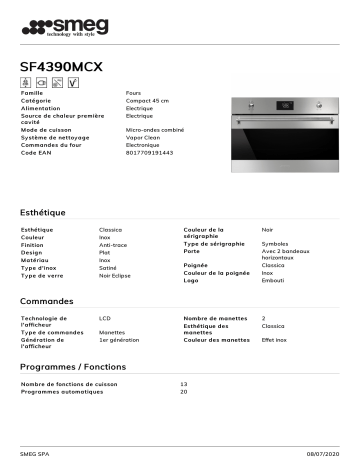 Product information | Smeg SF4390MCX Four encastrable Product fiche | Fixfr