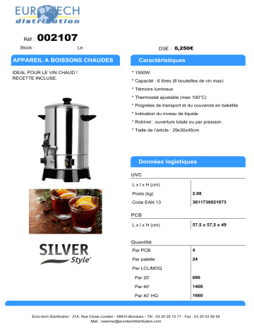 Product information | Silver Style Appareil à boissons chaudes Distributeur de boisson Product fiche | Fixfr