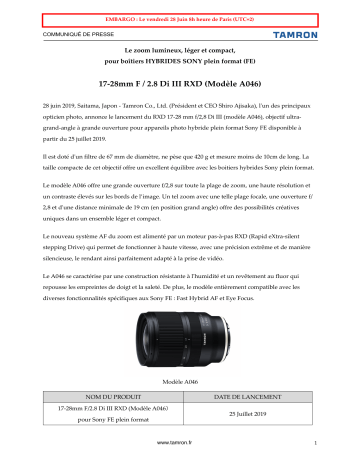Manuel du propriétaire | Tamron 17-28mm F/2.8 Di III RXD Sony E-Mount Objectif pour Hybride Plein Format Owner's Manual | Fixfr
