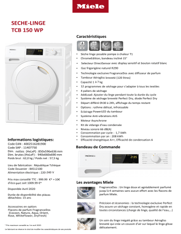 Product information | Miele TCB 150 WP Sèche linge pompe à chaleur Product fiche | Fixfr