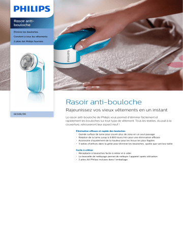 Product information | Philips anti bouloche GC026/00 Rasoir Anti-bouloches Product fiche | Fixfr