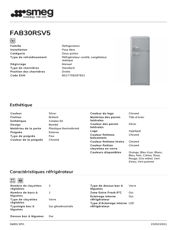 Product information | Smeg FAB30RSV5 Réfrigérateur combiné Product fiche | Fixfr
