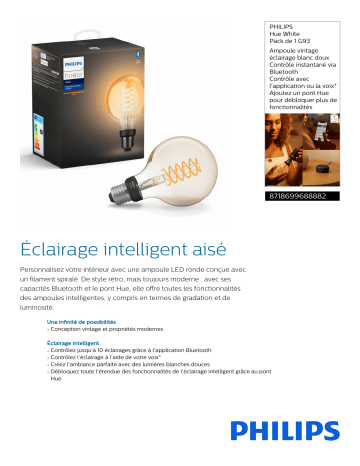 Product information | Philips HW 9W Filament Globe E27 x1 Ampoule connectée Product fiche | Fixfr