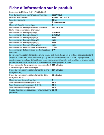 Product information | Essentielb ESLC10-1b Sèche linge à condensation Product fiche | Fixfr