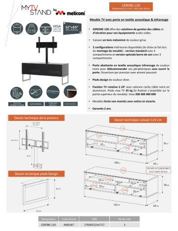 Product information | Meliconi Gerone 120 cm gris Meuble TV Product fiche | Fixfr