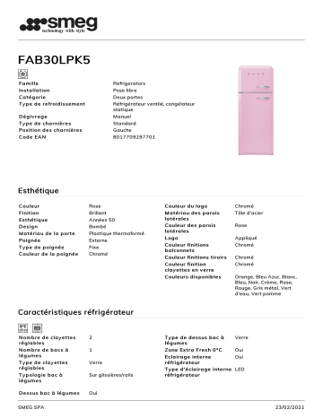 Product information | Smeg FAB30LPK5 Réfrigérateur combiné Product fiche | Fixfr