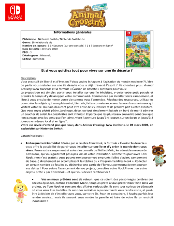 Product information | Nintendo Animal Crossing : New Horizons Jeu S Product fiche | Fixfr