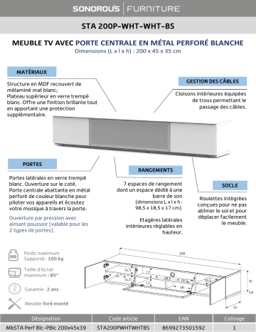 Product information | Meliconi Studio STA 200 Blanc Porte metal Meuble TV Product fiche | Fixfr