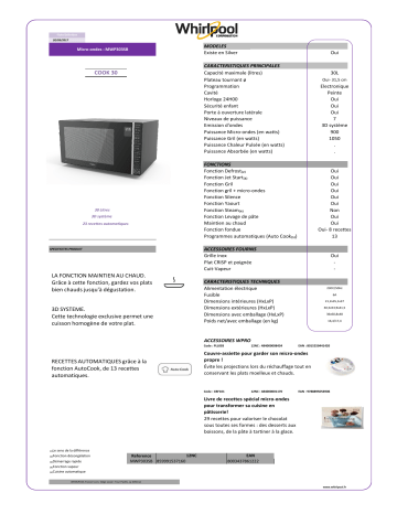 Product information | Whirlpool MWP303SB Micro ondes gril Product fiche | Fixfr