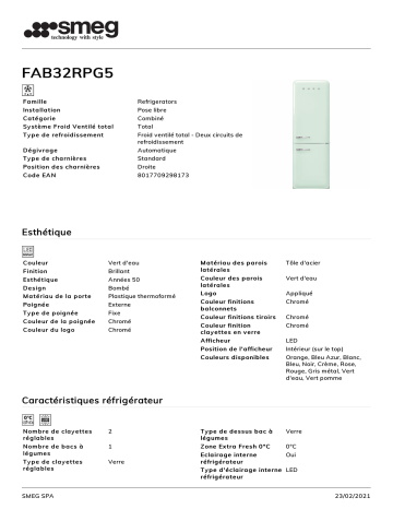 Product information | Smeg FAB32RPG5 Réfrigérateur combiné Product fiche | Fixfr