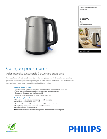 Product information | Philips HD9351/90 Viva métal Bouilloire Product fiche | Fixfr