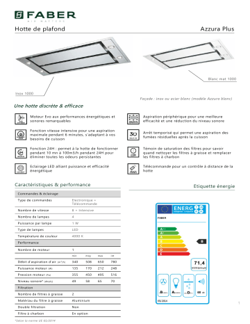 AZZURA 1000 INOX | Product information | Faber AZZURA 1000 BLANC Hotte plafond Product fiche | Fixfr