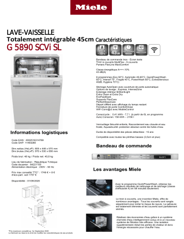 Product information | Miele G 5890 SCVi SL Lave vaisselle tout intégrable Product fiche | Fixfr