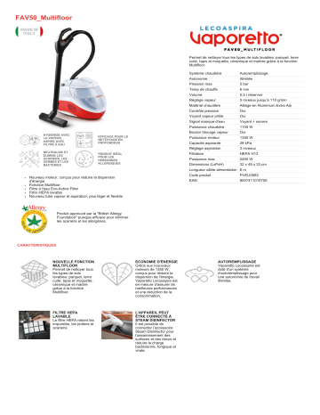 Product information | Polti VAPORETTO LECOASPIRA FAV50 MULTIFLOOR Aspirateur nettoyeur vapeur Product fiche | Fixfr