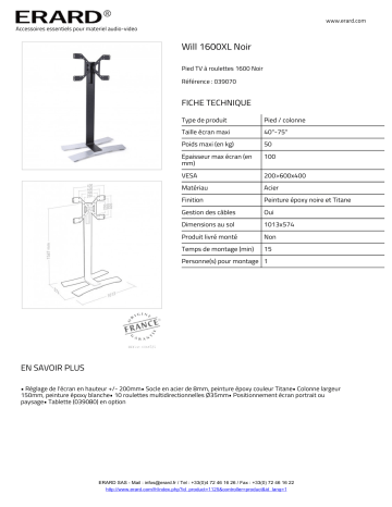 Product information | Erard WILL 1600 XL Noir Pied TV Product fiche | Fixfr