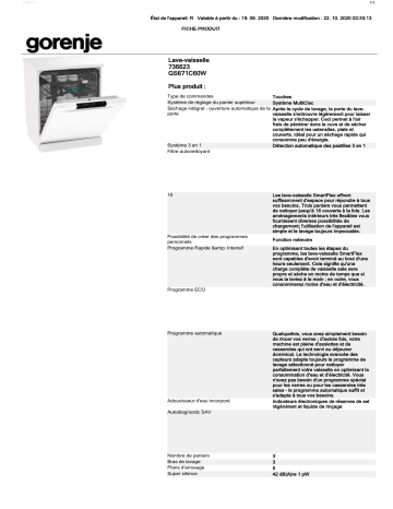 Product information | Gorenje GS671C60W Lave vaisselle 60 cm Product fiche | Fixfr