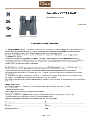 Product information | Vanguard Vesta 8X42 Jumelles Product fiche | Fixfr