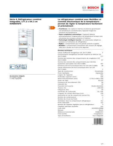 Product information | Bosch KIN86VSF0 Réfrigérateur combiné encastrable Product fiche | Fixfr