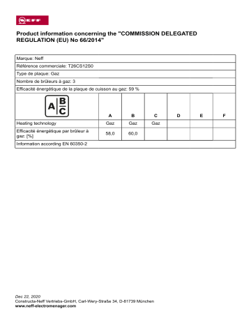 Product information | Neff T26CS12S0 Table gaz Product fiche | Fixfr