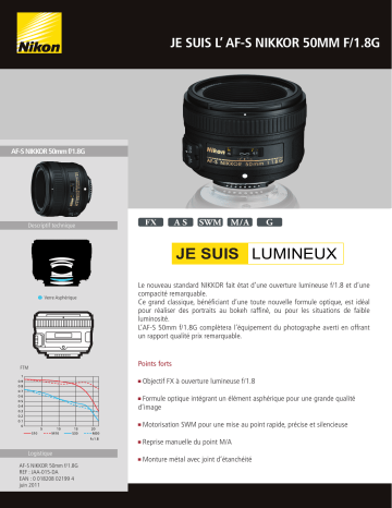 Product information | Nikon AF-S 50mm f/1.8G Nikkor Objectif pour Reflex Product fiche | Fixfr
