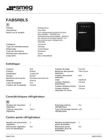 Product information | Smeg FAB5RBL5 Mini réfrigérateur Product fiche | Fixfr