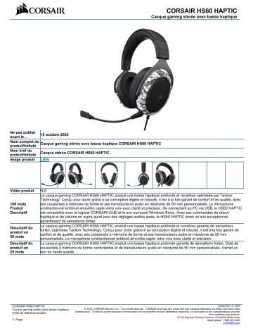 Product information | Corsair HS60 Haptic Stereo Headset Casque gamer Product fiche | Fixfr