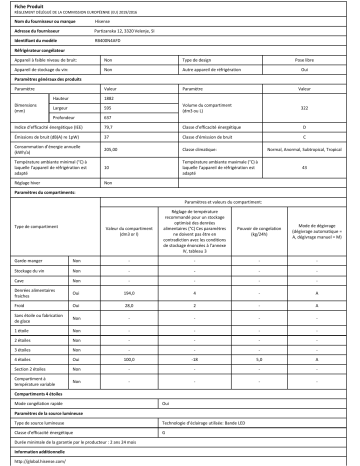 Product information | Hisense RB400N4AFD Réfrigérateur combiné Product fiche | Fixfr