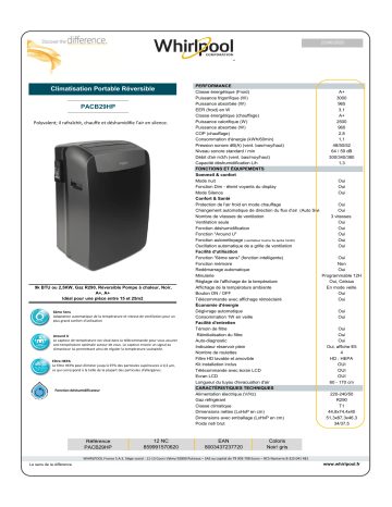 Product information | Whirlpool PACB29HP Clim réversible Product fiche | Fixfr