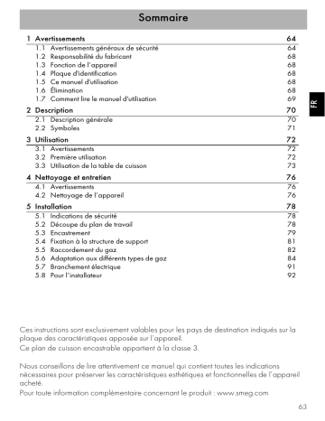 SR964PGH | SR964NGH | SR975PGH | SR975NGH | SR964XGH | SR975XGH | Manuel du propriétaire | Smeg SR964BGH Table gaz Owner's Manual | Fixfr