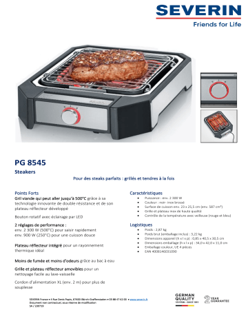 Product information | Severin PG 8545 Steaker Barbecue électrique Product fiche | Fixfr