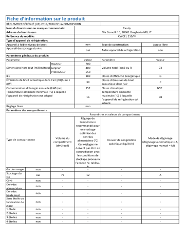 Product information | Candy CWCEL 210/N Divino Cave à vin de service Product fiche | Fixfr