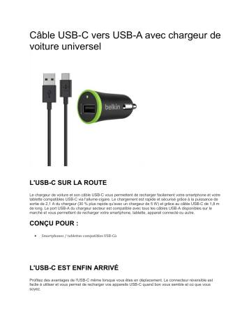 Product information | Belkin USB 2.1A + Câble USB A /USB C - noir Chargeur allume-cigare Product fiche | Fixfr